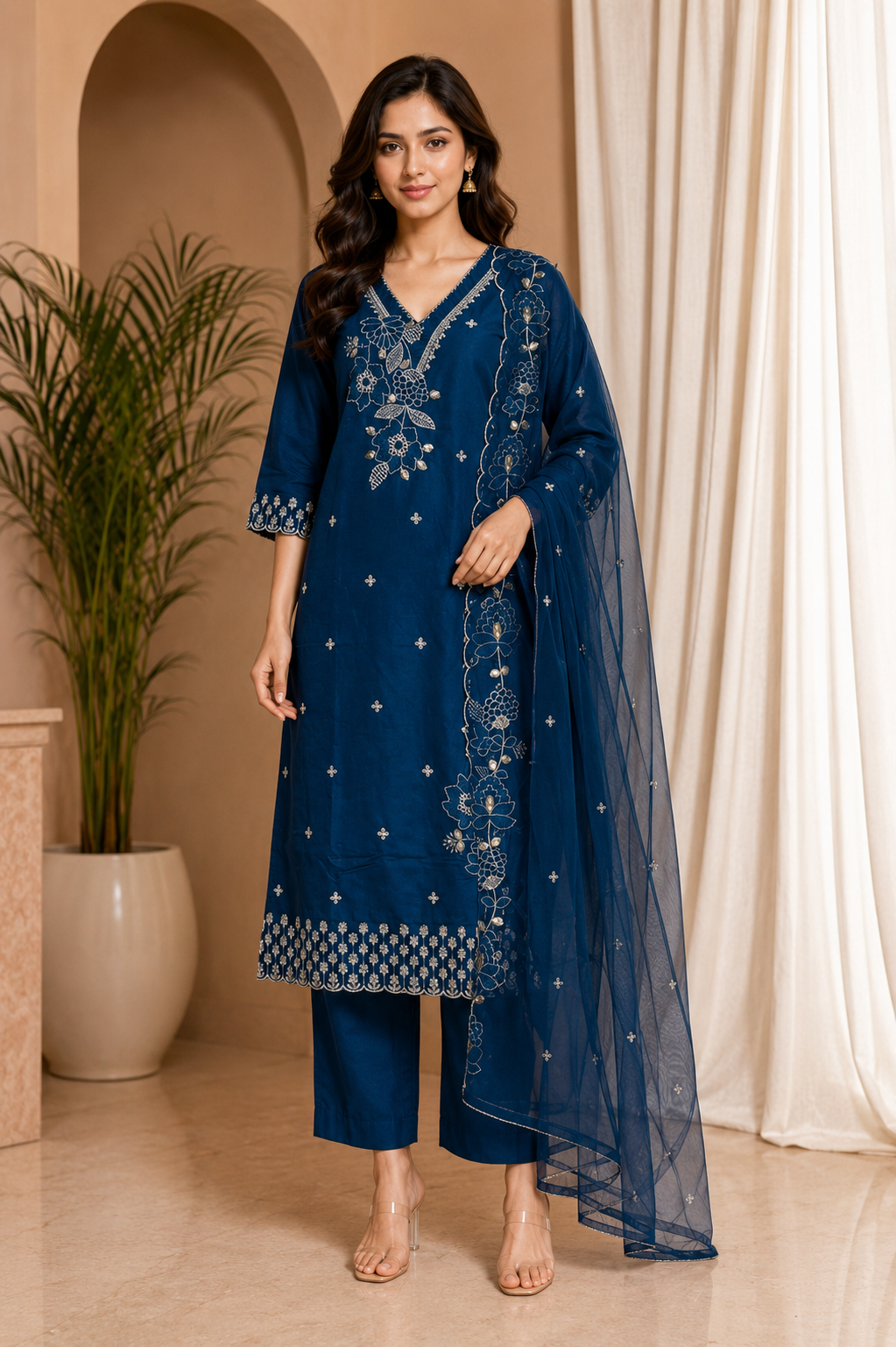 Navy Blue ROMAN SILK Embroidered 3-Piece Ethnic Suit Set with Dupatta