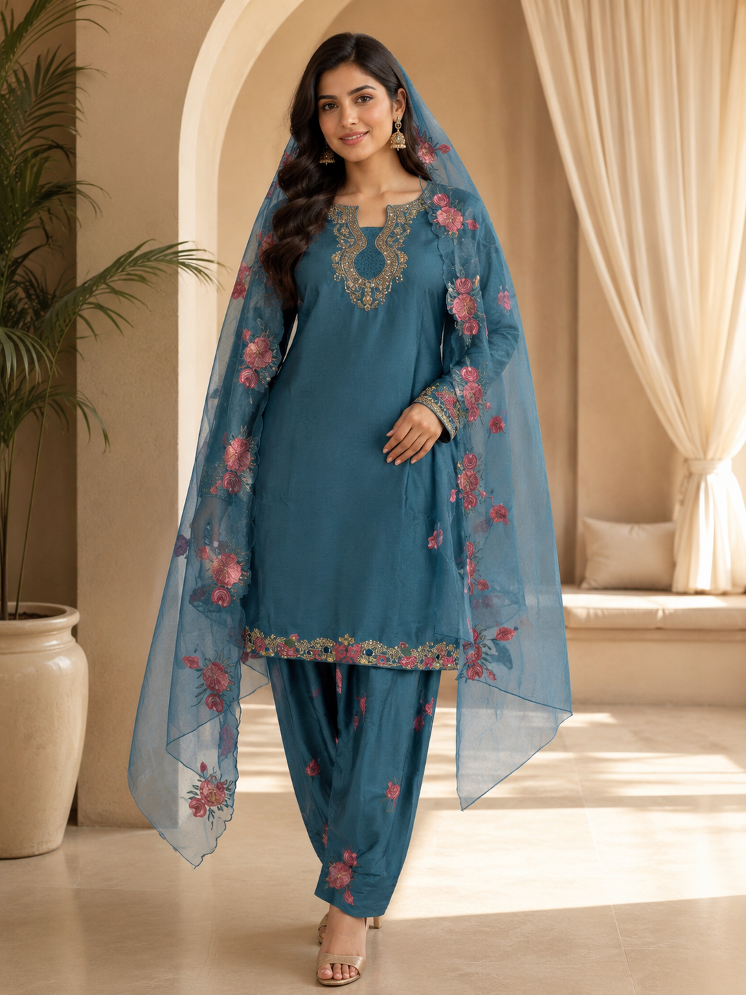 Teal Blue American Crepe Embroidered 3-Piece Ethnic Suit Set with Floral Dupatta