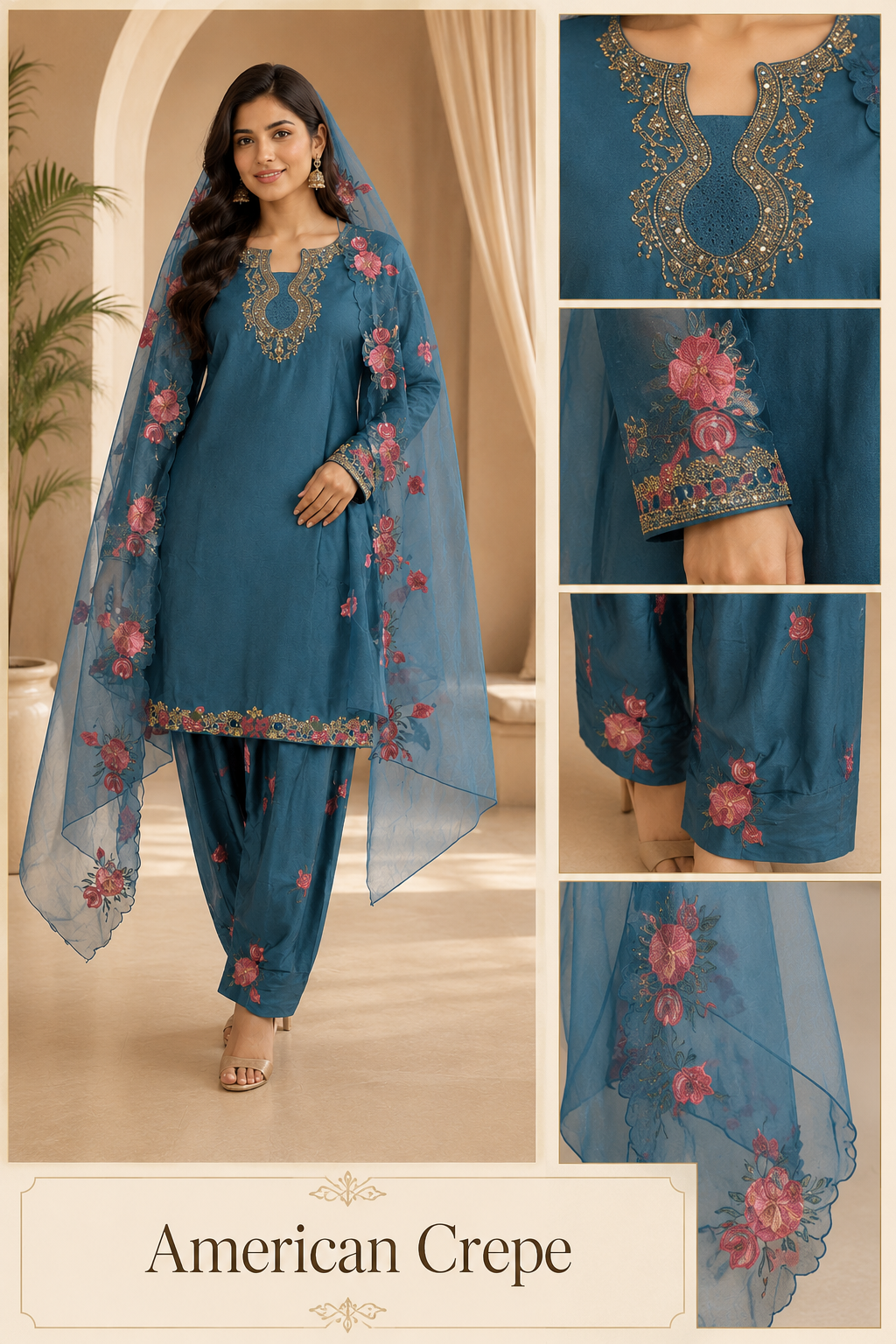 Teal Blue American Crepe Embroidered 3-Piece Ethnic Suit Set with Floral Dupatta