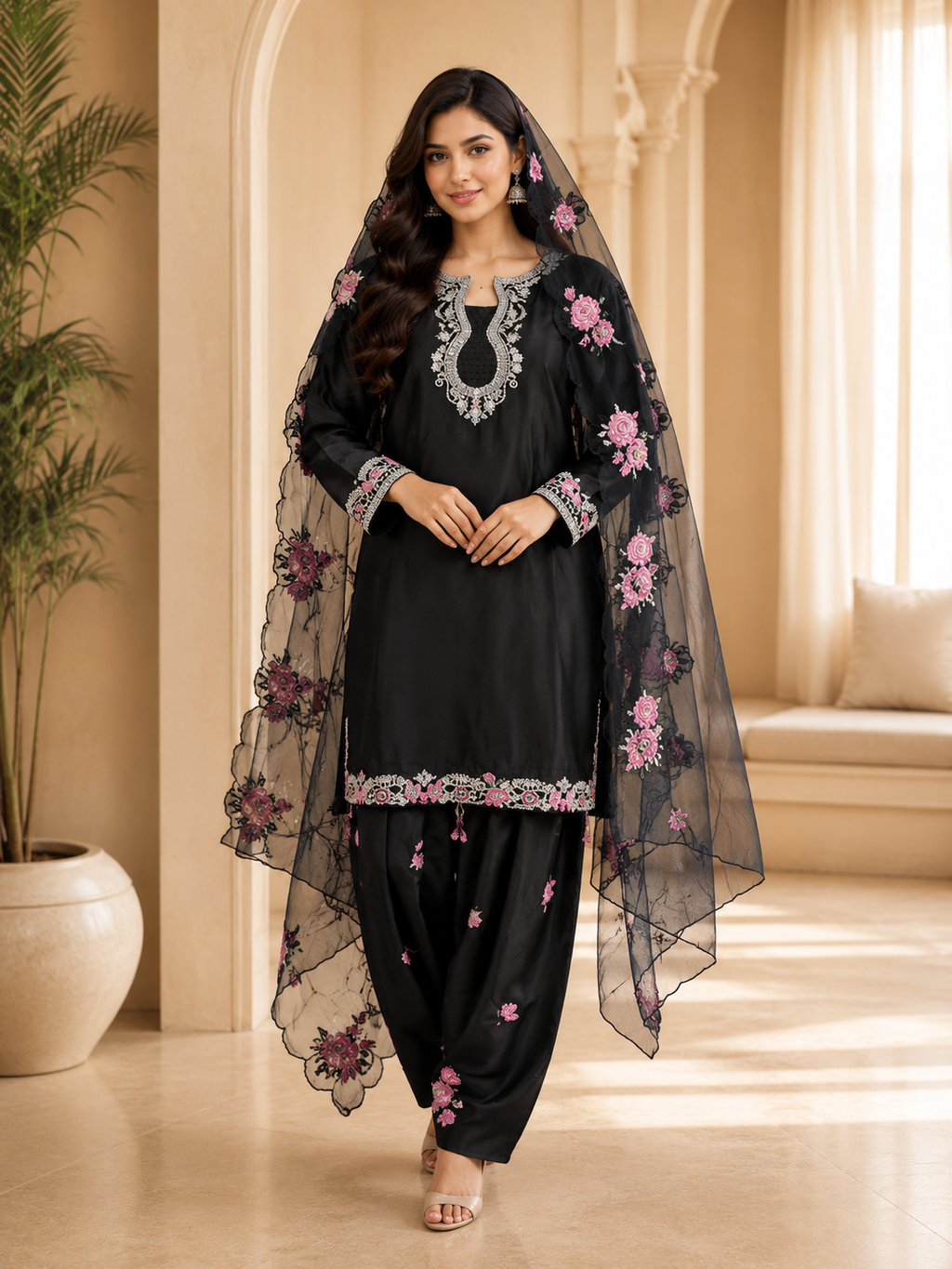 Black American Crepe Embroidered 3-Piece Ethnic Suit Set with Floral Dupatta