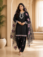 Black American Crepe Embroidered 3-Piece Ethnic Suit Set with Floral Dupatta