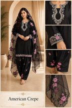 Black American Crepe Embroidered 3-Piece Ethnic Suit Set with Floral Dupatta