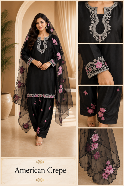 Black American Crepe Embroidered 3-Piece Ethnic Suit Set with Floral Dupatta