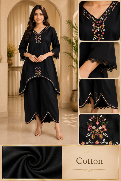 Black Cotton Hand Work Embroidered Co-Ord Set for Women