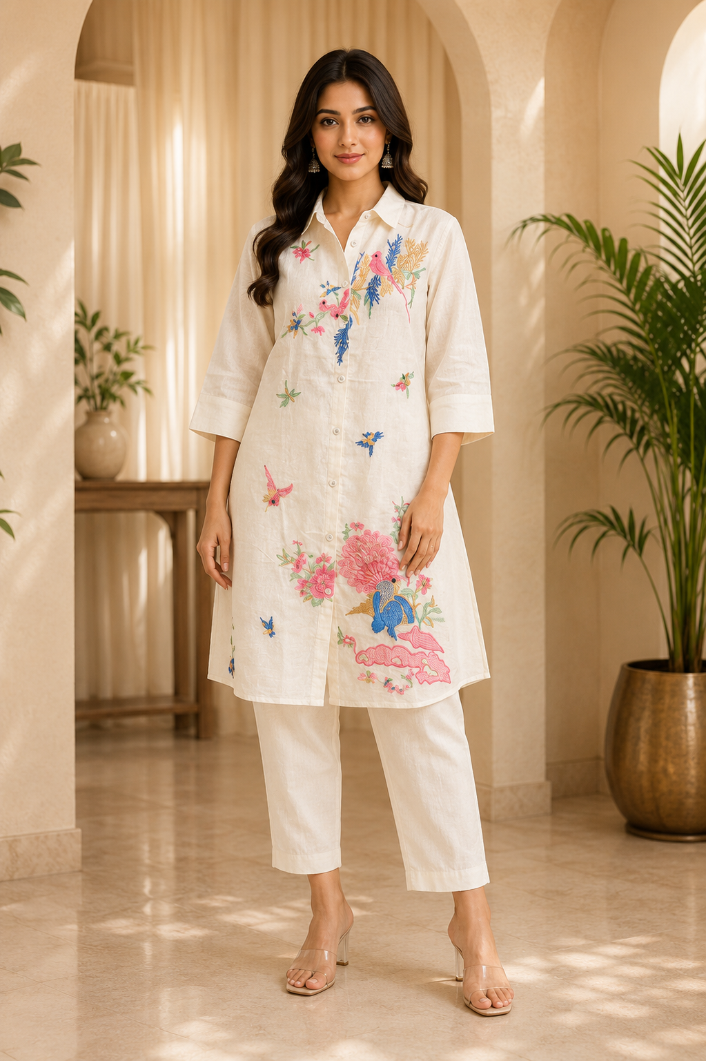 Off-White Cotton Hand Work Embroidered Co-Ord Set for Women