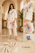 Off-White Cotton Hand Work Embroidered Co-Ord Set for Women