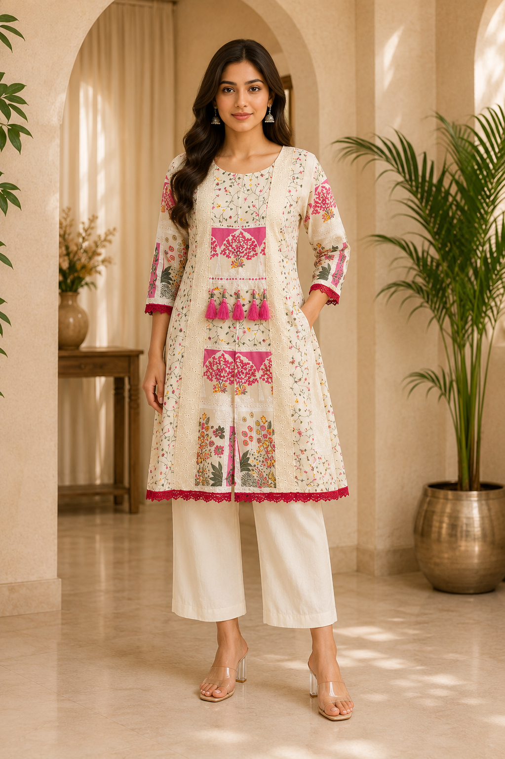 Cream Cotton Hand Work Embroidered Co-Ord Set for Women