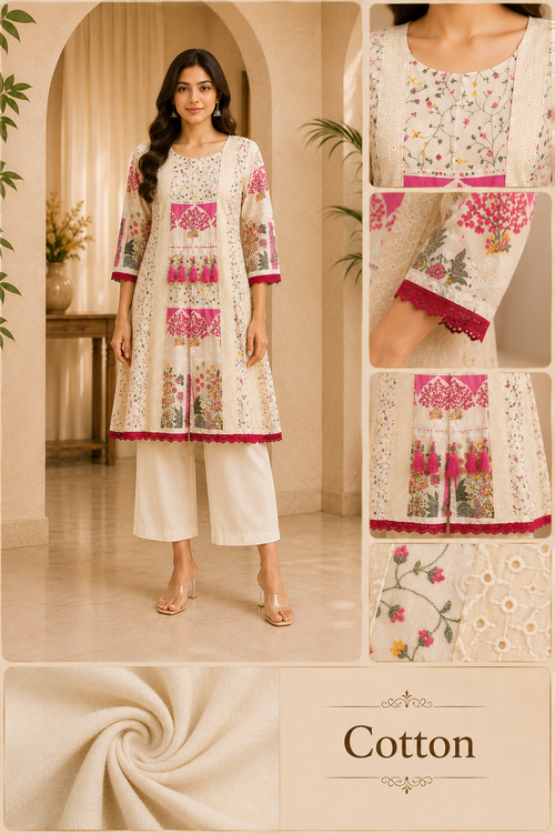 Cream Cotton Hand Work Embroidered Co-Ord Set for Women