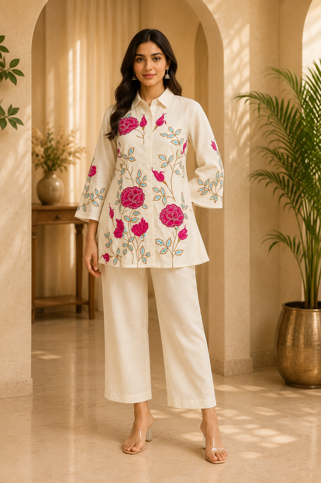 Cream Cotton Hand Work Embroidered Co-Ord Set for Women