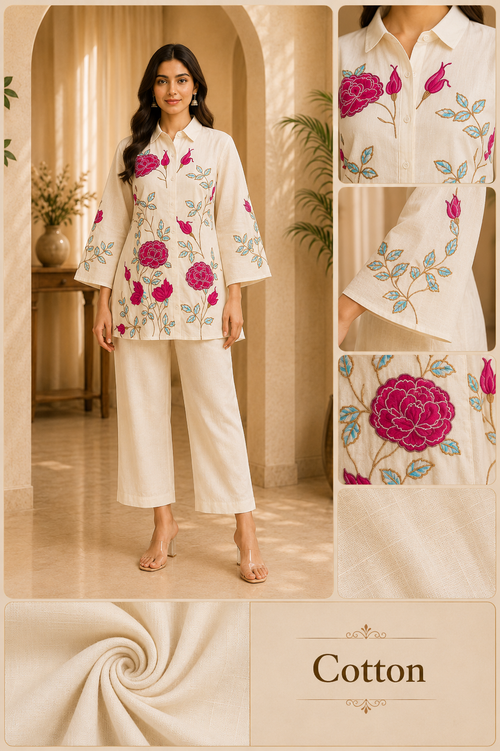 Cream Cotton Hand Work Embroidered Co-Ord Set for Women