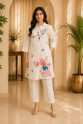 Off-White Cotton Hand Work Embroidered Co-Ord Set for Women