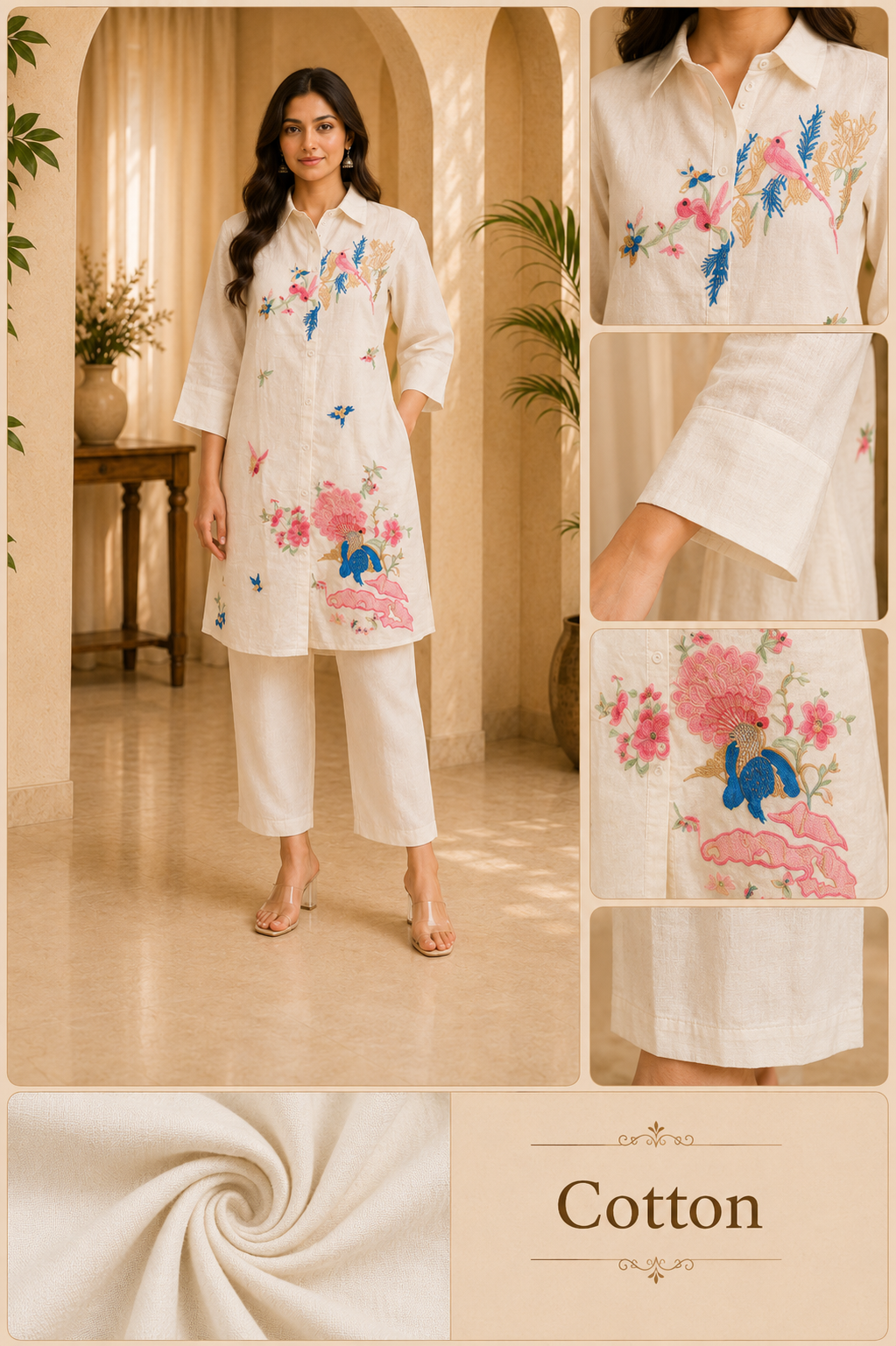 Off-White Cotton Hand Work Embroidered Co-Ord Set for Women