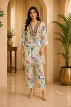 Off-White Cotton Hand Work Embroidered Printed Co-Ord Set