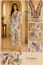 Off-White Cotton Hand Work Embroidered Printed Co-Ord Set