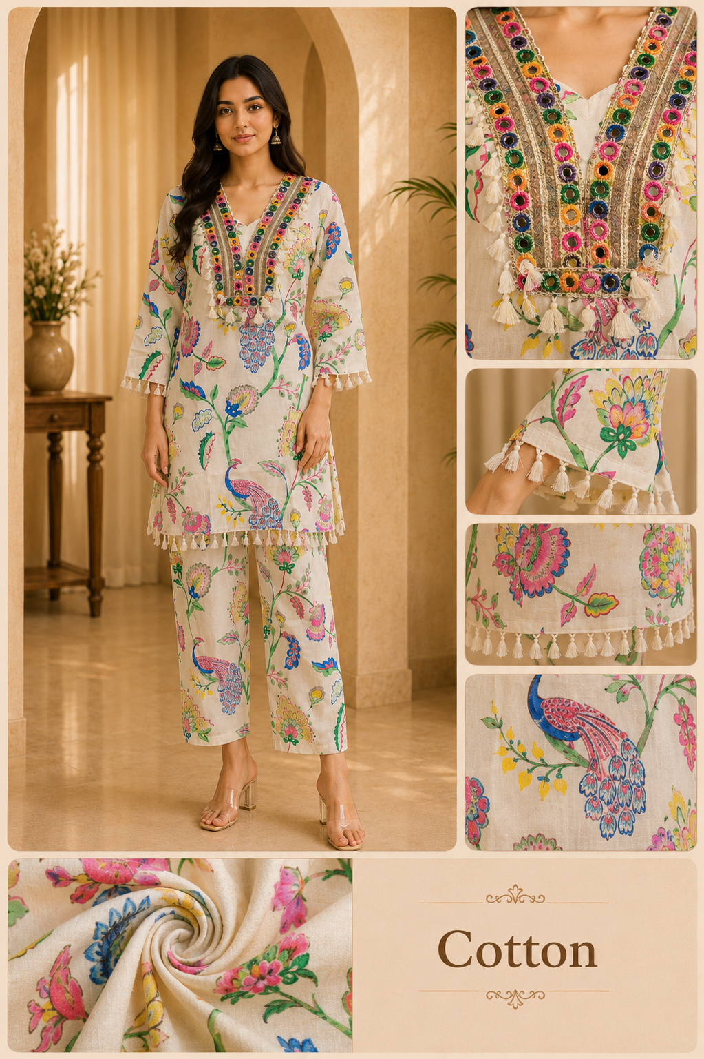 Off-White Cotton Hand Work Embroidered Printed Co-Ord Set