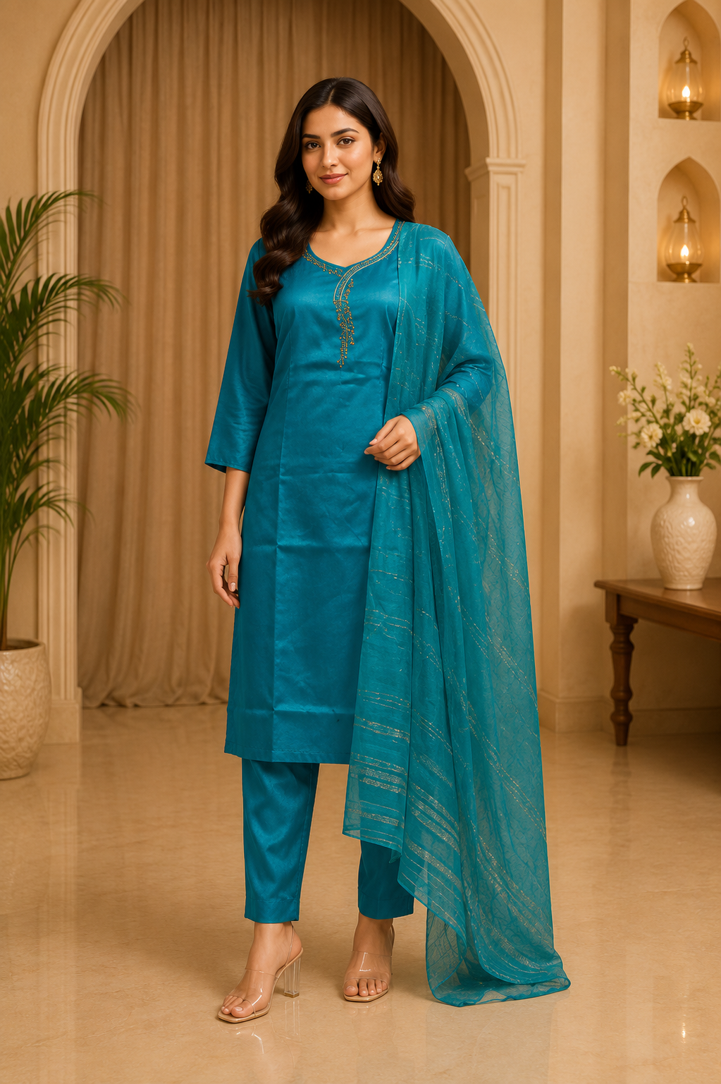 Teal Blue ROMAN GLASS 3-Piece Ethnic Suit Set with Dupatta
