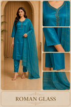 Teal Blue ROMAN GLASS 3-Piece Ethnic Suit Set with Dupatta