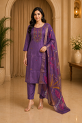 ROMAN GLASS Purple Embroidered Straight Kurti Pant Set with Printed Dupatta