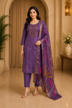 ROMAN GLASS Purple Embroidered Straight Kurti Pant Set with Printed Dupatta