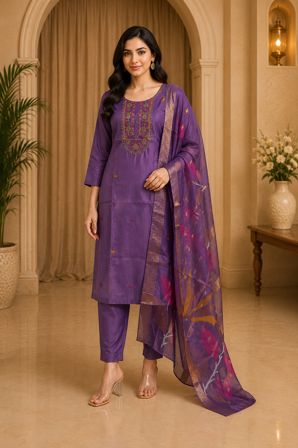 ROMAN GLASS Purple Embroidered Straight Kurti Pant Set with Printed Dupatta