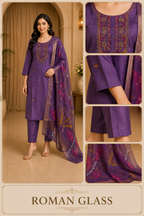 ROMAN GLASS Purple Embroidered Straight Kurti Pant Set with Printed Dupatta