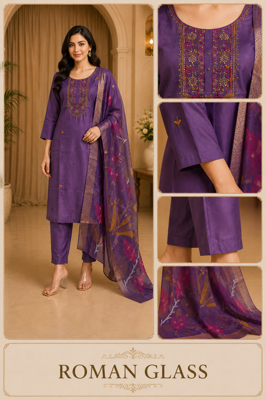 ROMAN GLASS Purple Embroidered Straight Kurti Pant Set with Printed Dupatta
