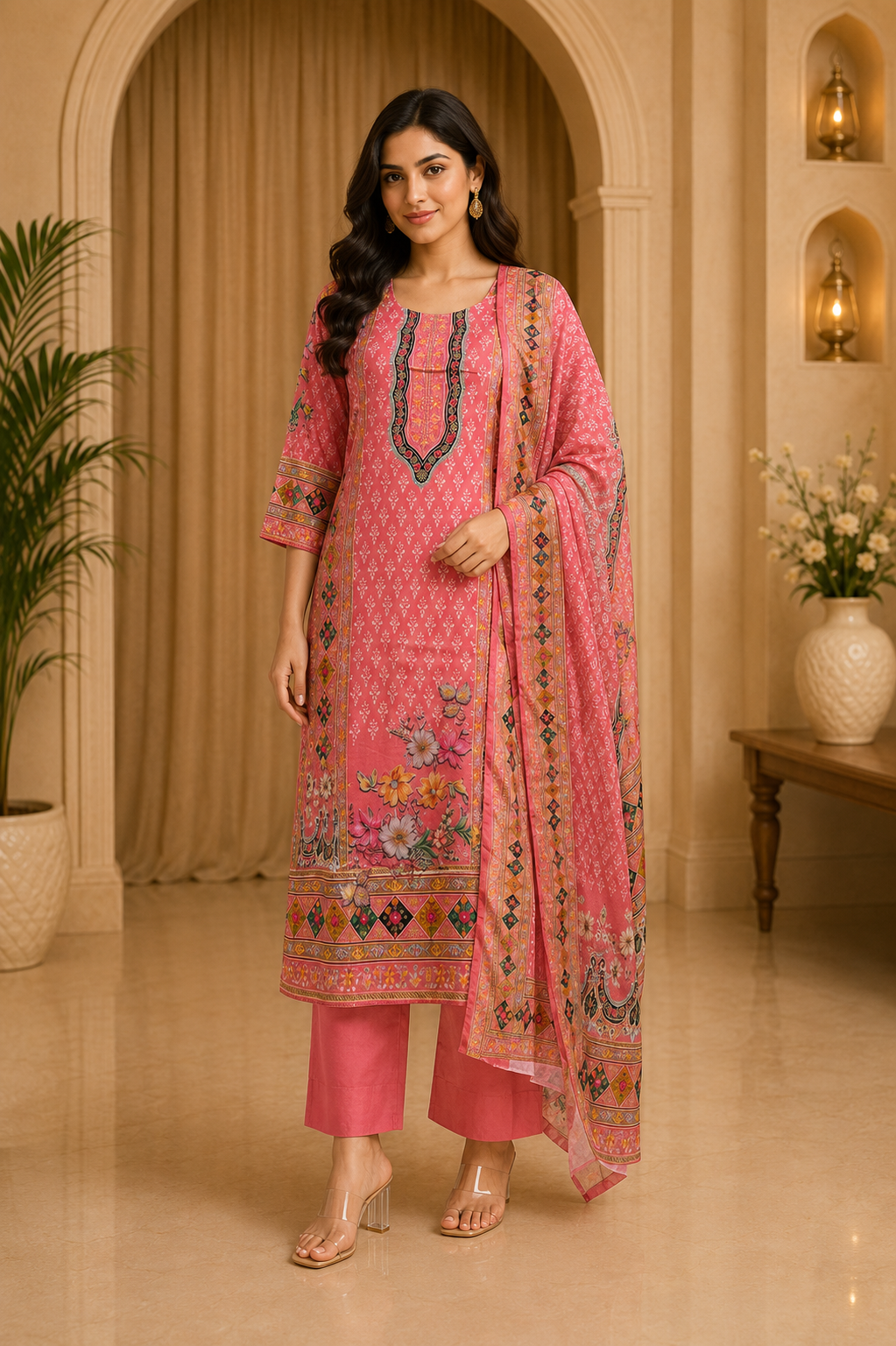 Pink ROMAN GLASS Printed Straight Kurti Set with Pant &amp; Dupatta