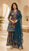 Teal Multi-Colour Cotton 3-Piece Garara Set with Hand Work Embellished Neckline &amp; Dupatta