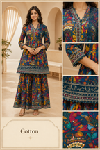 Teal Multi-Colour Cotton 3-Piece Garara Set with Hand Work Embellished Neckline &amp; Dupatta