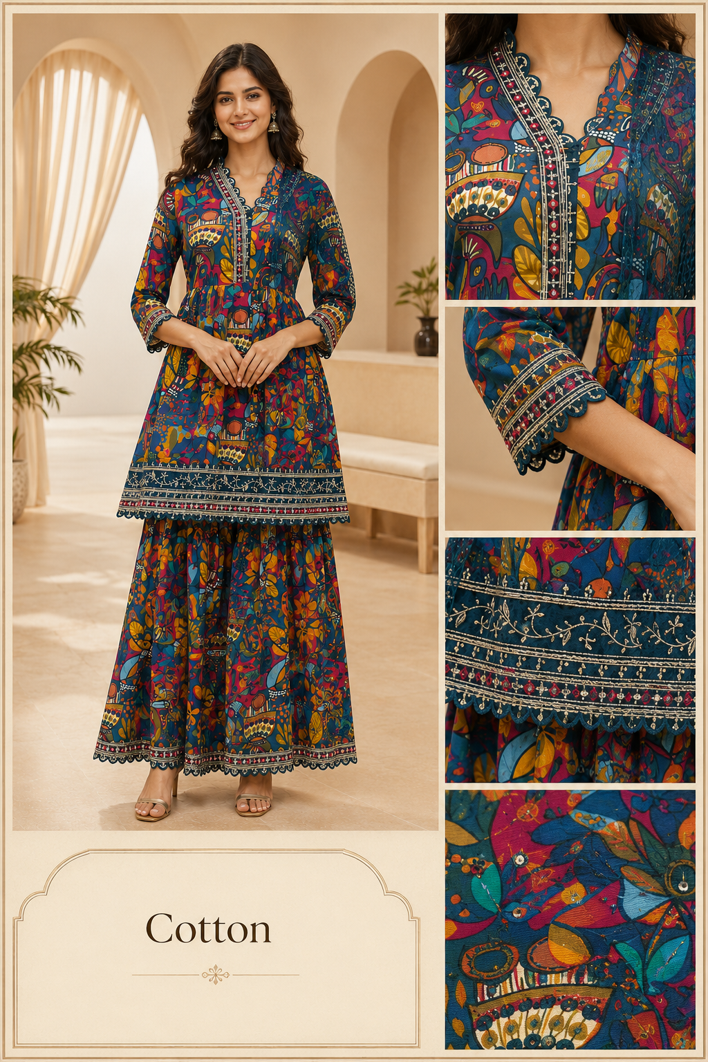 Teal Multi-Colour Cotton 3-Piece Garara Set with Hand Work Embellished Neckline &amp; Dupatta