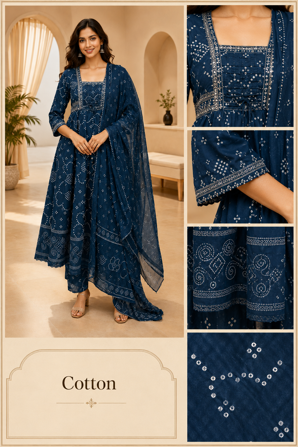 Navy Blue Cotton 3-Piece Set with Hand Work Embellished Neckline