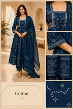 Navy Blue Cotton 3-Piece Set with Hand Work Embellished Neckline