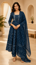 Navy Blue Cotton 3-Piece Set with Hand Work Embellished Neckline