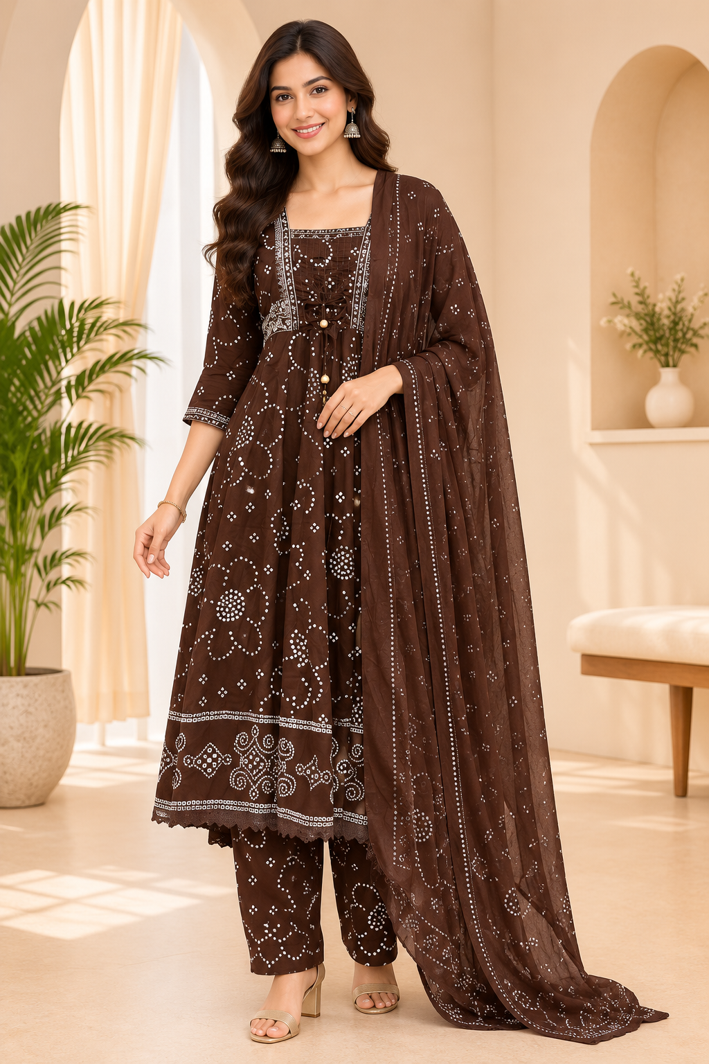 Chocolate Brown Cotton 3-Piece Set with Hand Work Embellished Neckline