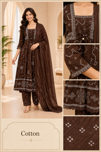 Chocolate Brown Cotton 3-Piece Set with Hand Work Embellished Neckline