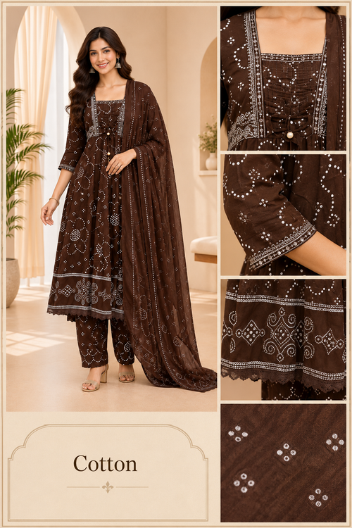 Chocolate Brown Cotton 3-Piece Set with Hand Work Embellished Neckline