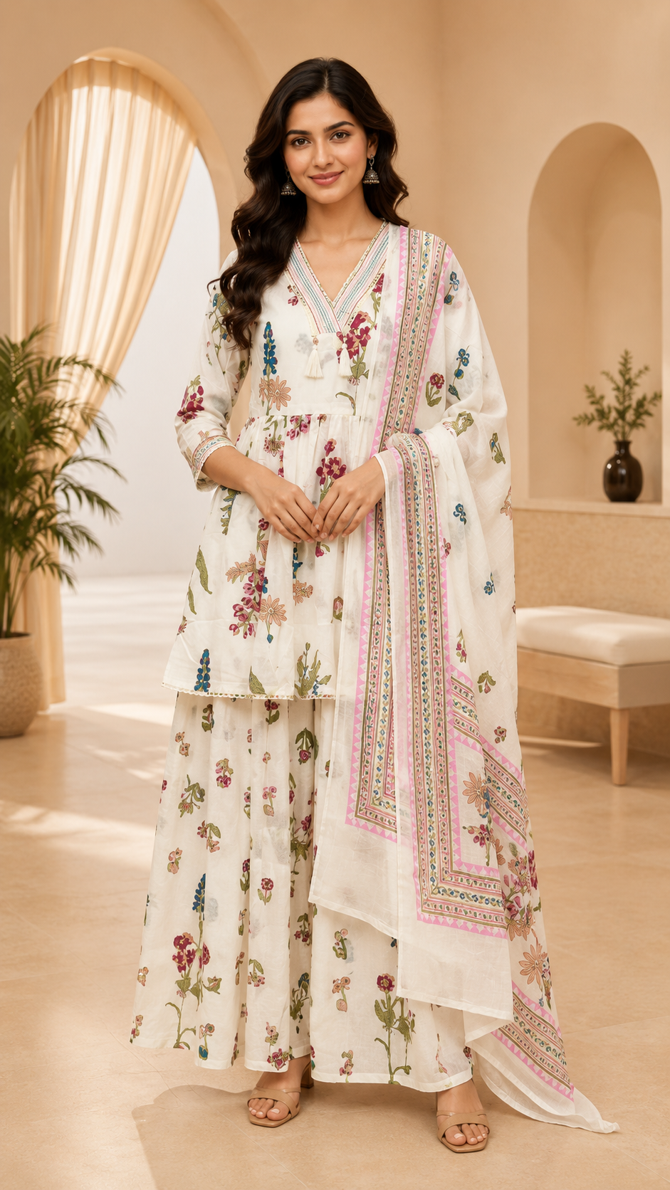 Off-White Floral Cotton 3-Piece Set with Hand Work Embellished V-Neck