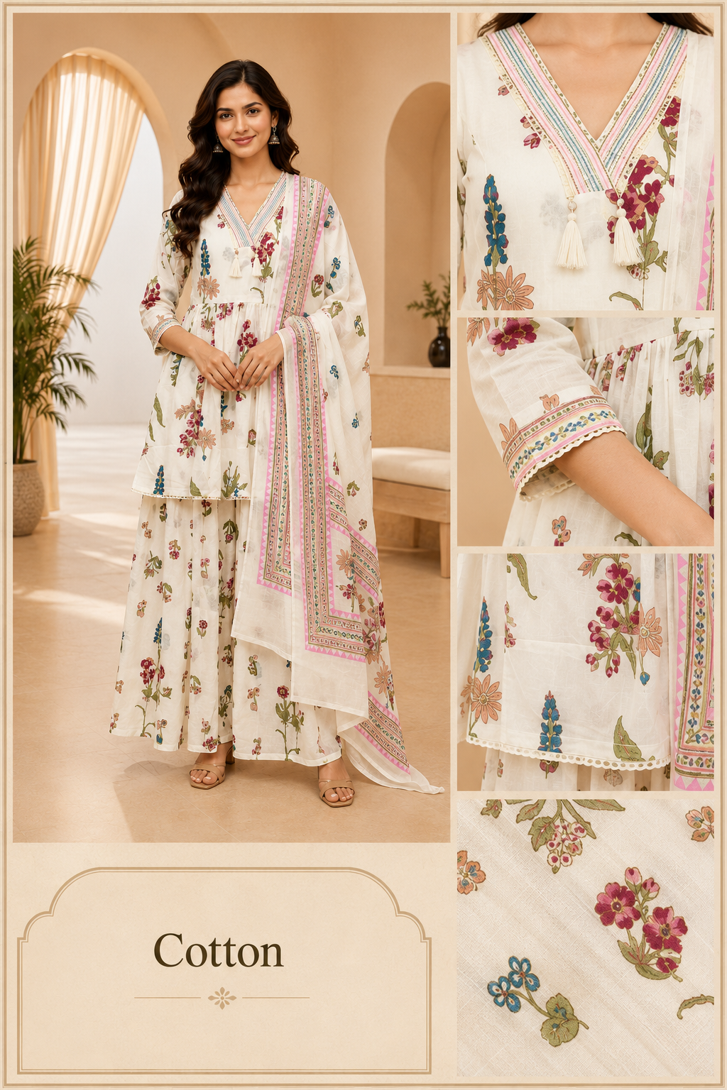 Off-White Floral Cotton 3-Piece Set with Hand Work Embellished V-Neck
