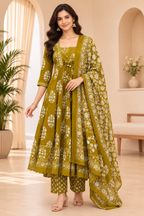 Olive Mustard Cotton 3-Piece Set with Hand Work Embellished Square Neck