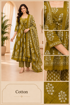 Olive Mustard Cotton 3-Piece Set with Hand Work Embellished Square Neck