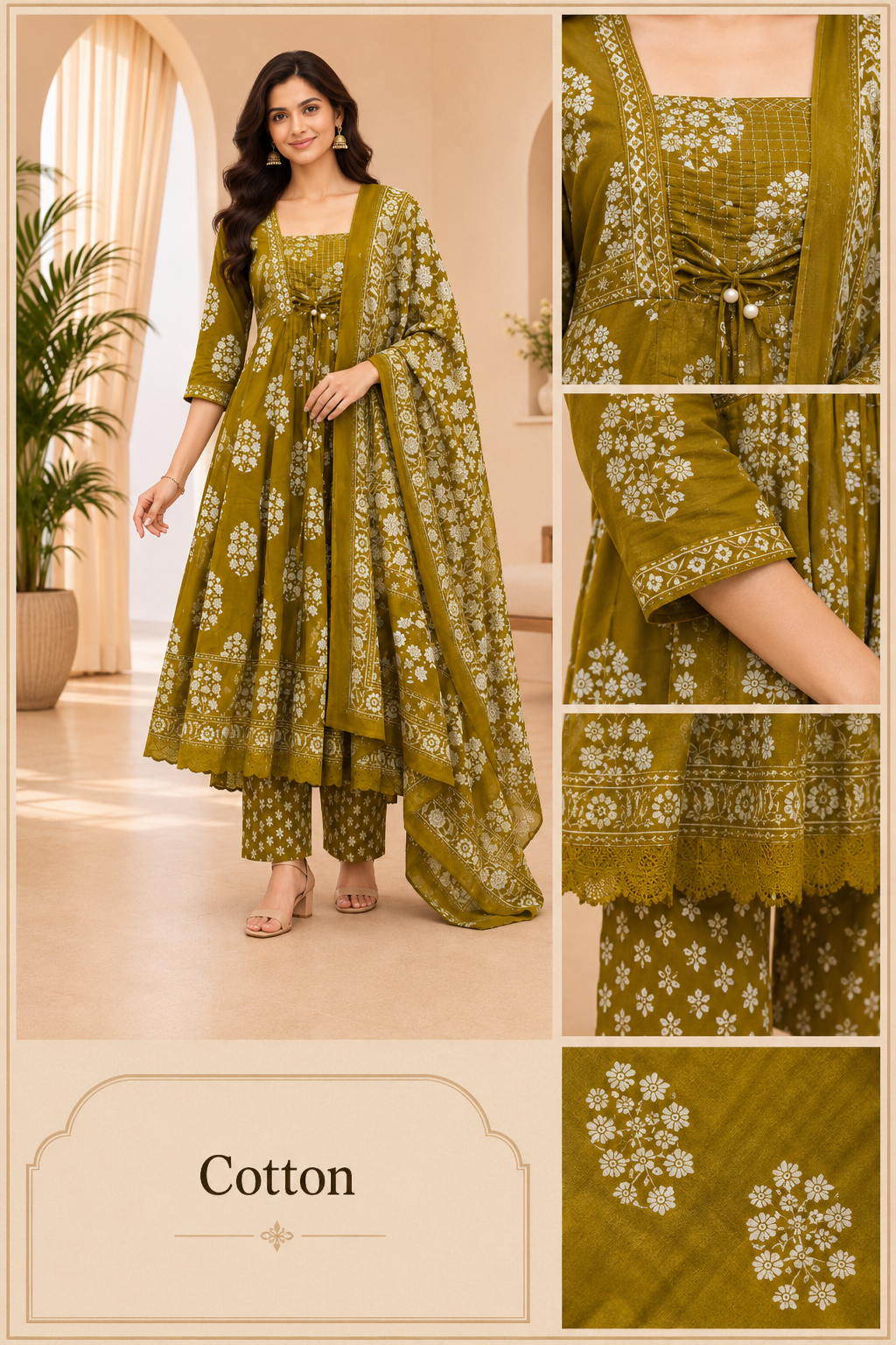 Olive Mustard Cotton 3-Piece Set with Hand Work Embellished Square Neck