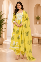 Lemon Yellow Cotton Floral Printed 3-Piece Set with Hand Work Embroidered Neckline