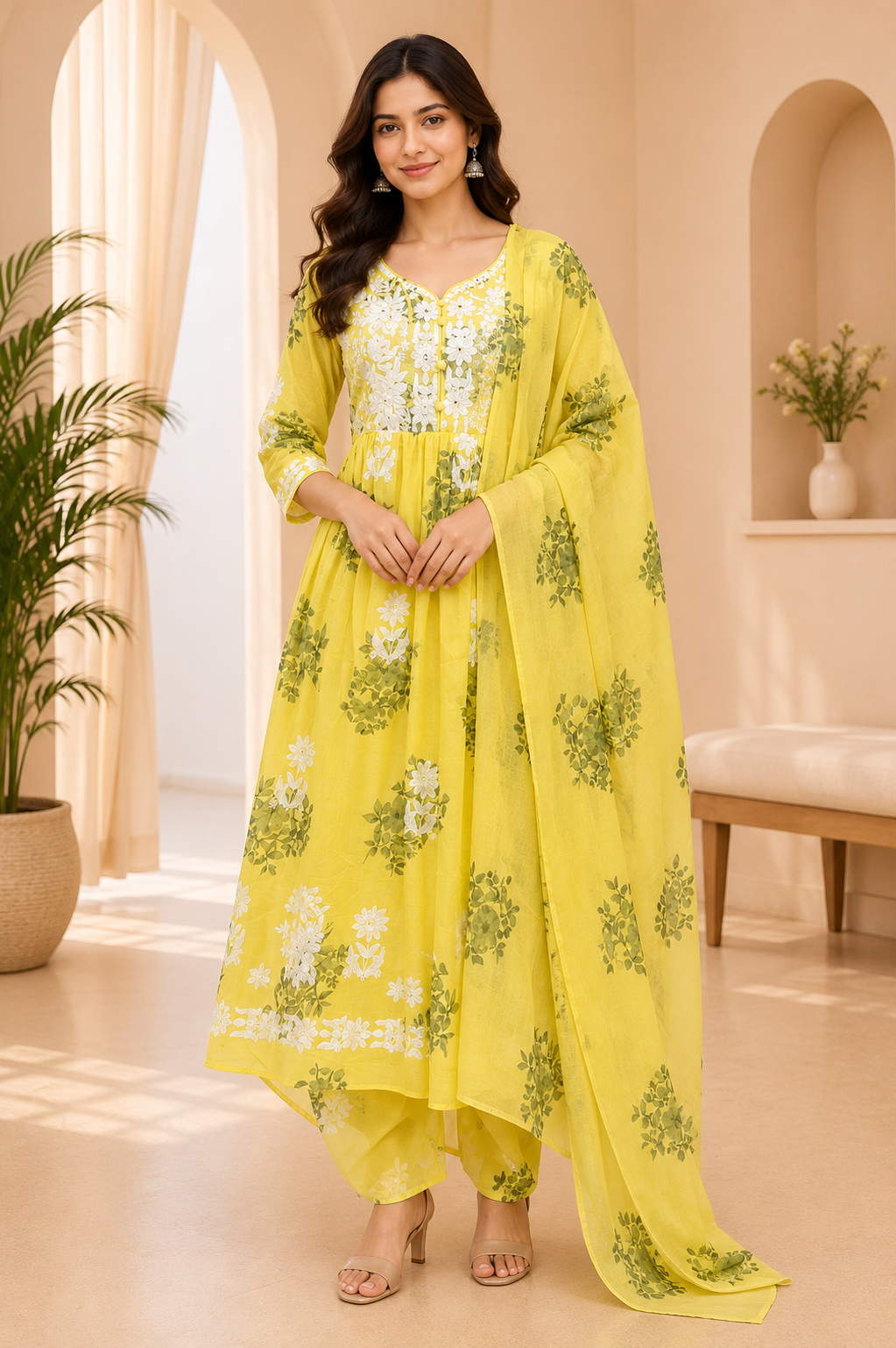 Lemon Yellow Cotton Floral Printed 3-Piece Set with Hand Work Embroidered Neckline