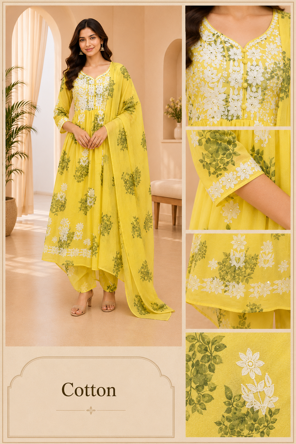 Lemon Yellow Cotton Floral Printed 3-Piece Set with Hand Work Embroidered Neckline