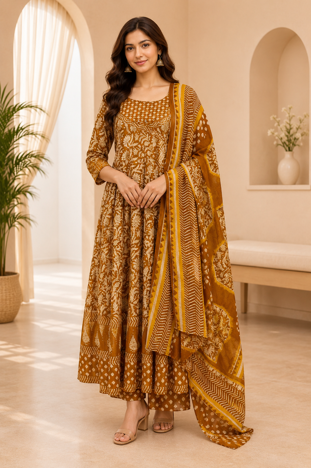Brown Cotton 3-Piece Printed Co-Ord Set with Matching Dupatta