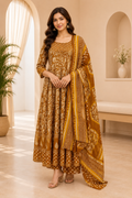 Brown Cotton 3-Piece Printed Co-Ord Set with Matching Dupatta