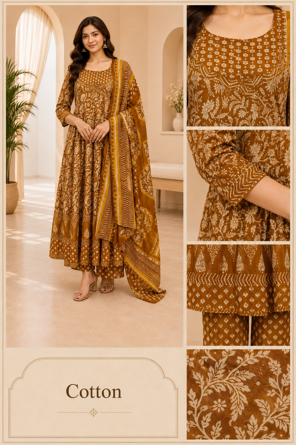 Brown Cotton 3-Piece Printed Co-Ord Set with Matching Dupatta