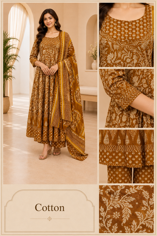 Brown Cotton 3-Piece Printed Co-Ord Set with Matching Dupatta