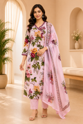 Light Pink Cotton 3-Piece Floral Printed Set with Matching Dupatta