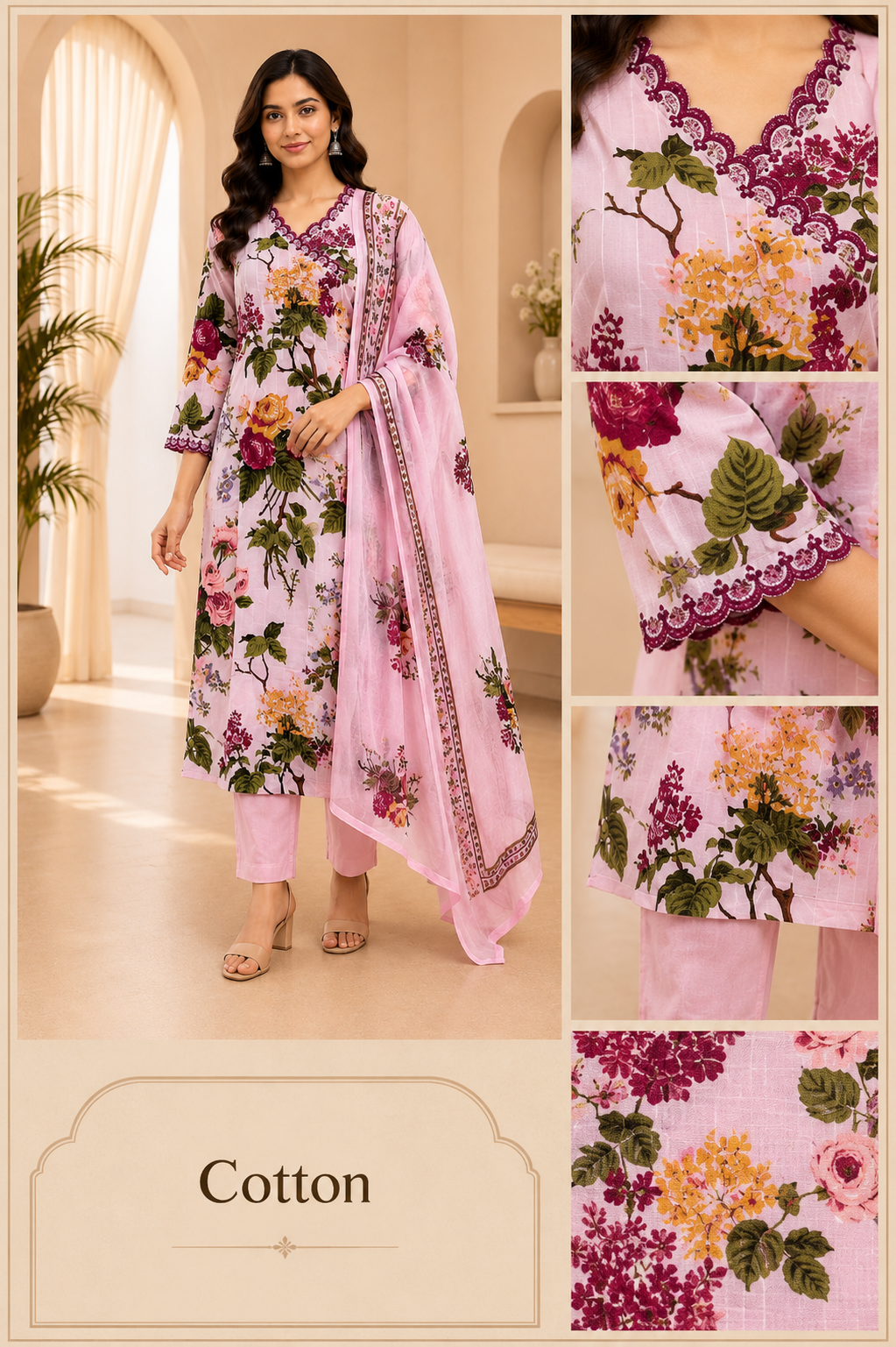 Light Pink Cotton 3-Piece Floral Printed Set with Matching Dupatta